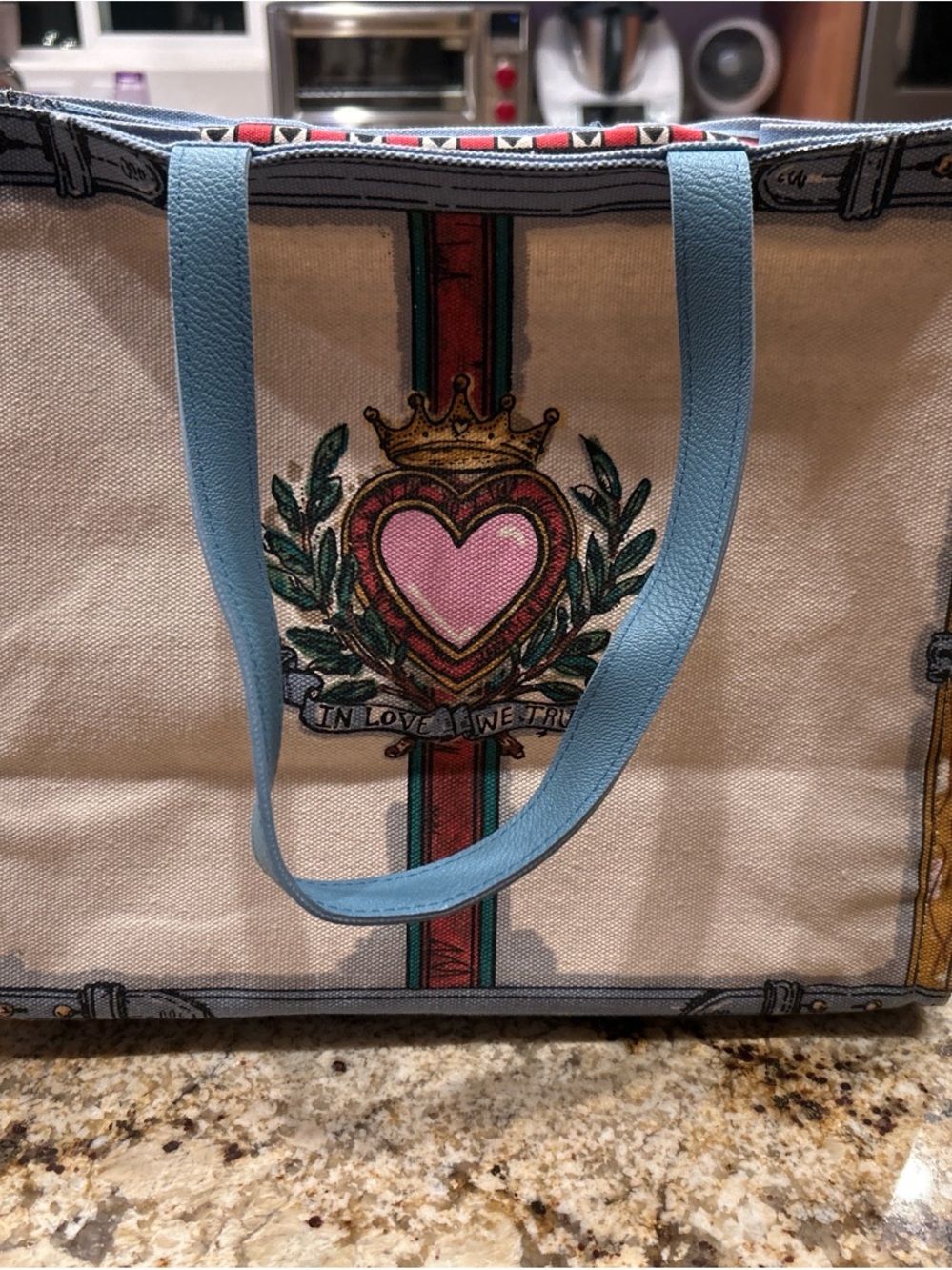 Brighton Canvas Tote with Pink Heart Crest and Light Blue Handles